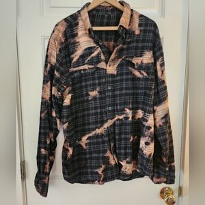 Plaid Gray & Black Flannel Bleach Distressed  Size Xl Grunge Goth Biker Fall